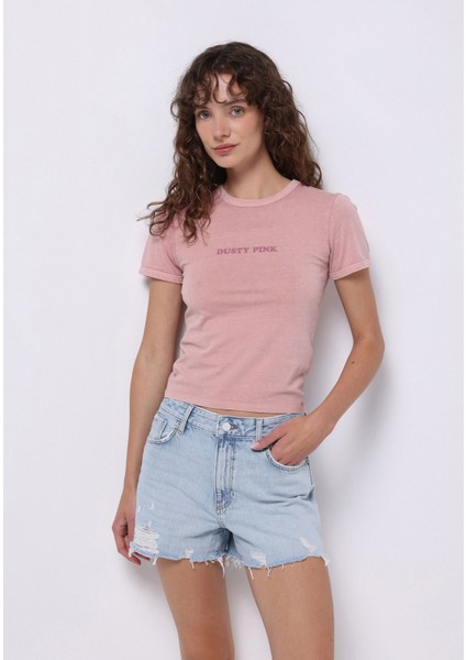 Slim Fit Yuvarlak Yaka Baskılı Kadın Pembe Kısa Kol Tişört