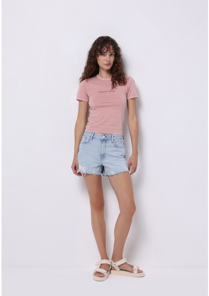 Slim Fit Yuvarlak Yaka Baskılı Kadın Pembe Kısa Kol Tişört modelleri