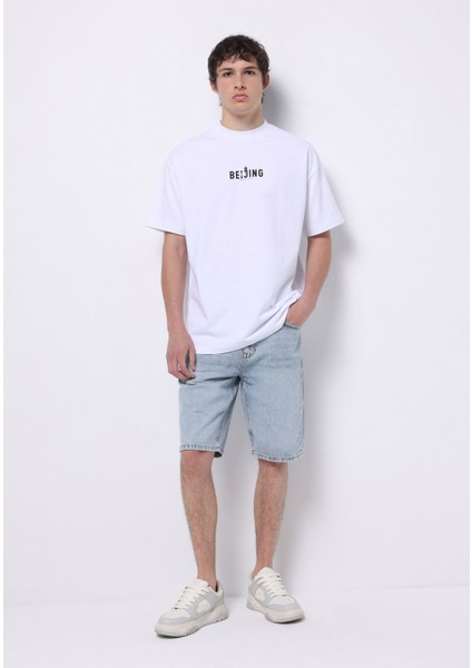 Regular Fit Orta Bel Düz Erkek Açik Indigo Jean Şort