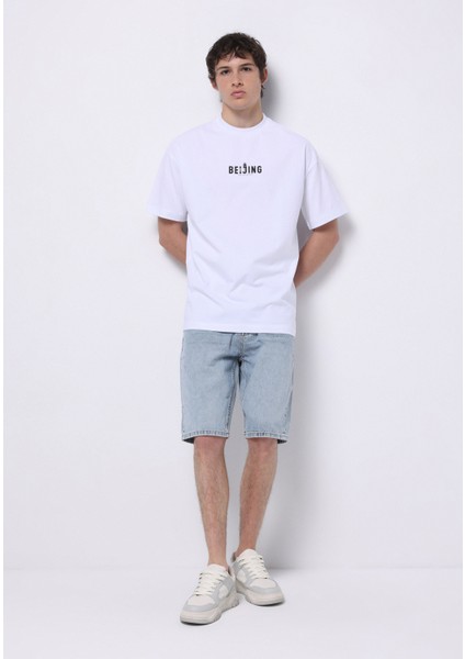 Regular Fit Orta Bel Düz Erkek Açik Indigo Jean Şort