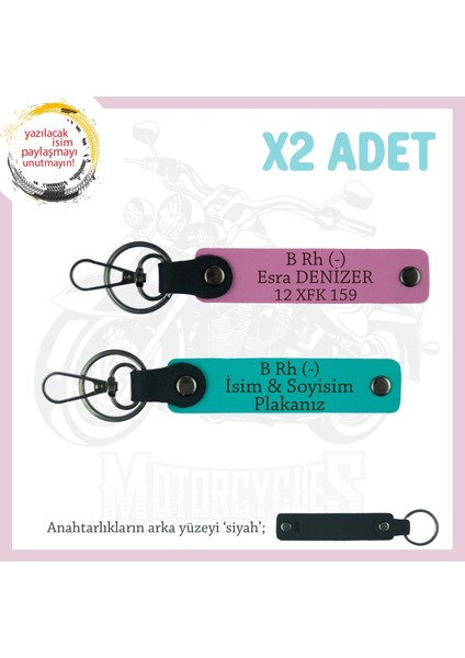 Arabası Olana Hediye, Isim Plaka ve B Rh (-) Kan Grubu Yazılı 2'li Anahtarlık, K Turkuaz-Pembe-Syh