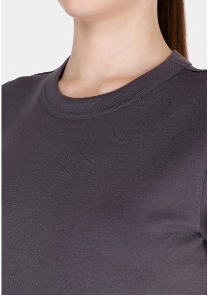Slim Fit Yuvarlak Yaka Düz Kadın Antrasit Kısa Kol Tişört fırsatları