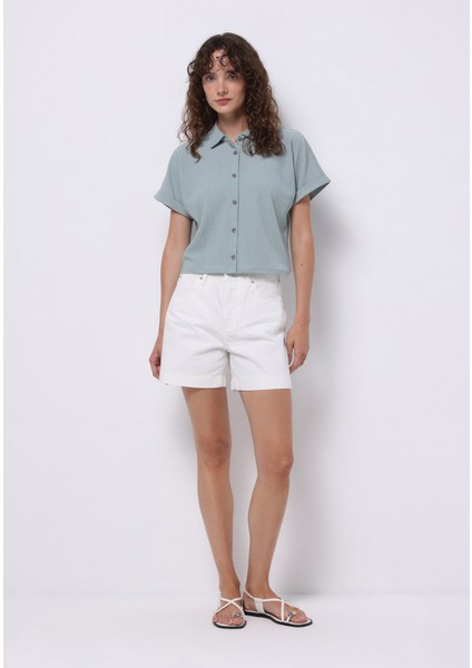 Regular Fit Shirt Neck Jakarlı Kadın Yeşil Kısa Kol Tişört modelleri