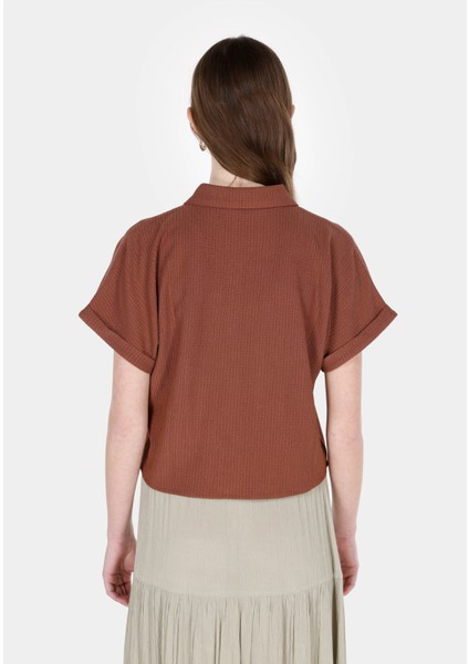 Regular Fit Shirt Neck Jakarlı Kadın Kahverengi Kısa Kol Tişört fiyatları