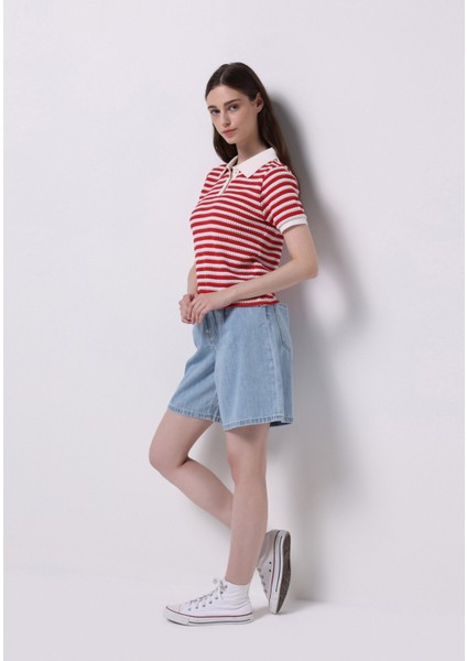 Slim Fit Polo Yaka Çizgili Kadın Kirmizi Kısa Kol Tişört modelleri