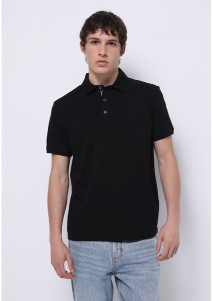 Regular Fit Polo Yaka Düz Erkek Siyah Kısa Kol Tişört