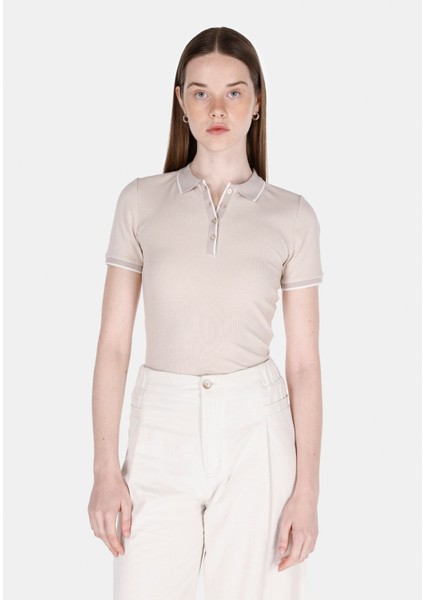 Slim Fit Polo Yaka Düz Kadın Bej Kısa Kol Tişört