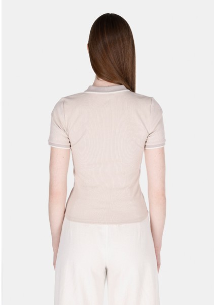 Slim Fit Polo Yaka Düz Kadın Bej Kısa Kol Tişört fiyatları