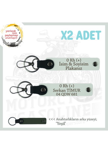 Biker Stiline Uygun Isim Plaka ve 0 + Kan Grubu Yazılı Acil Durum Deri X2 Anahtarlık Seti, Beyaz-Ysl