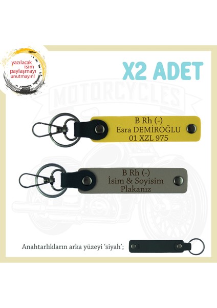 Yolların Sürücülerine, Isim Plaka ve B Rh (-) Kan Grubu Yazılı 2'li Anahtarlık Set, Kül Gri-Sarı-Syh