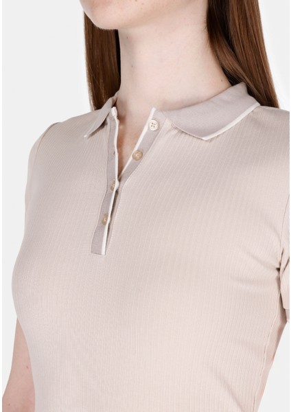 Slim Fit Polo Yaka Düz Kadın Bej Kısa Kol Tişört fırsatları