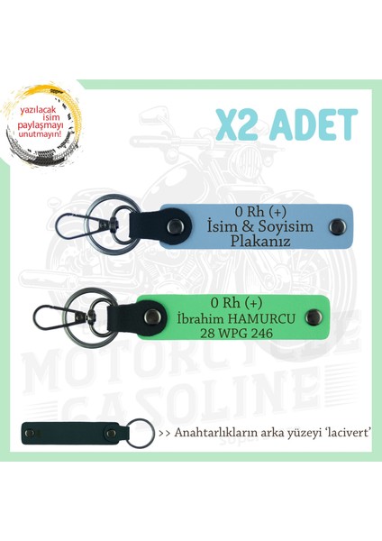Biker Dostlarına, Isim Plaka ve 0 Rh (+) Kan Grubu Yazılı, Motor 2'li Anahtarlık, Mavi-F Yeşil-Laci