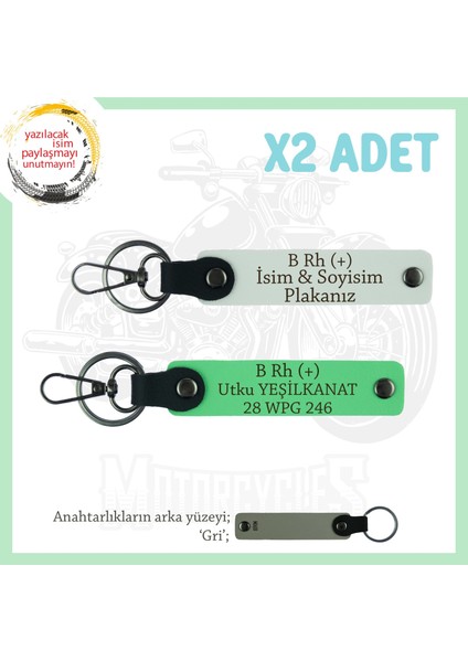 Motorcu Arkadaşlara, Isim Plaka ve B Rh+ Kan Grubu Yazılı Acil Durum Anahtarlığı, Beyaz-F Yeşil-Gr