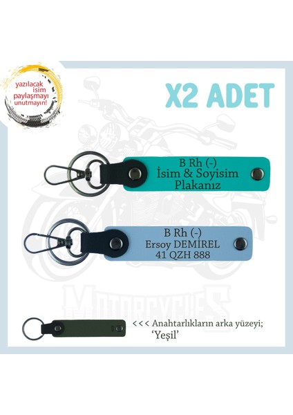 Yolların Sürücülerine Isim Plaka ve B Rh (-) Kan Grubu Yazılı X2 Deri Anahtarlık, K Turkuaz-Mavi-Ysl