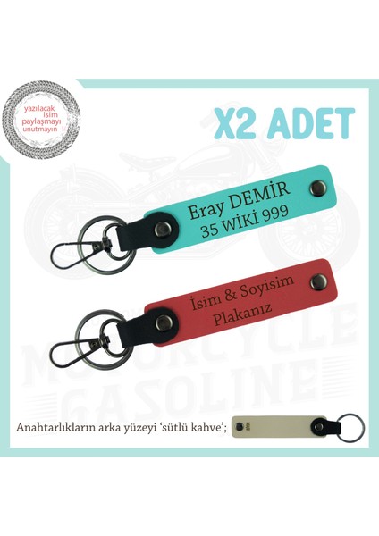 Araç Sahiplerine Özel, Isim ve Plaka Yazılı Kişisel Anahtarlık X2' Li Set, Nar Çiçeği-Turkuaz-Sk