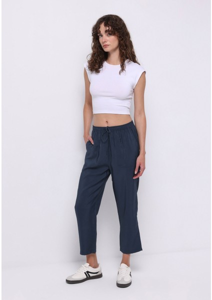 Regular Fit Yüksel Bel Düz Paça Kadın Lacivert Pantolon