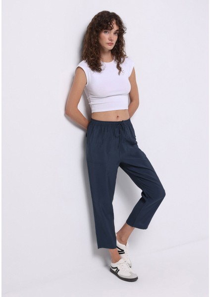 Regular Fit Yüksel Bel Düz Paça Kadın Lacivert Pantolon modelleri