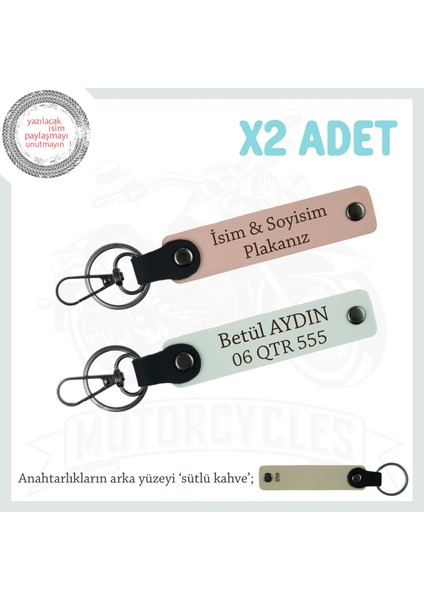 Hız Tutkunlarına, Isim ve Plaka Yazılı 2'li Özel Deri Anahtarlık, Hediyelik, Yavruağzı-Beyaz-Sk