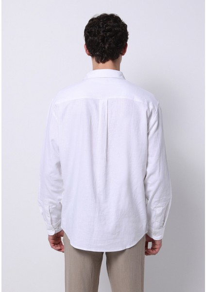 Relaxed Fit Shirt Neck Düz Erkek Keten Karışımlı Beyaz Uzun Kol Gömlek fiyatları