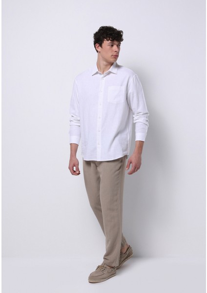 Relaxed Fit Shirt Neck Düz Erkek Keten Karışımlı Beyaz Uzun Kol Gömlek modelleri