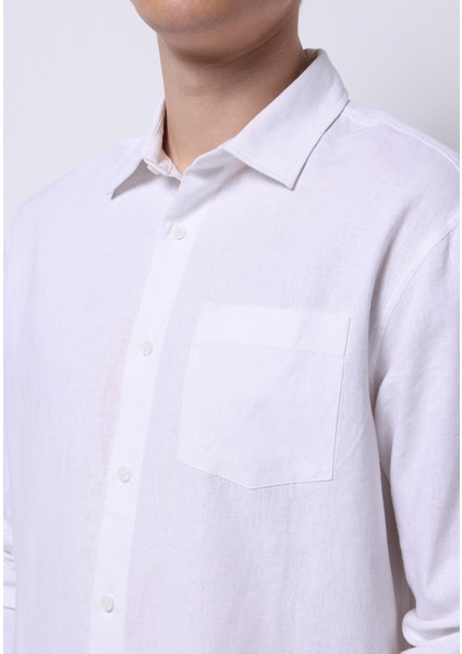 Relaxed Fit Shirt Neck Düz Erkek Keten Karışımlı Beyaz Uzun Kol Gömlek fırsatları