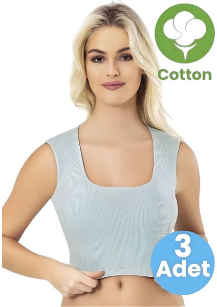 Kadın 3'lü Geniş Askılı Kare Yaka Kaşkorse Pedli Büstiyer Crop