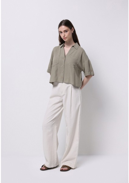 Regular Fit Shirt Neck Düz Kadın Yeşil Kısa Kol Gömlek modelleri