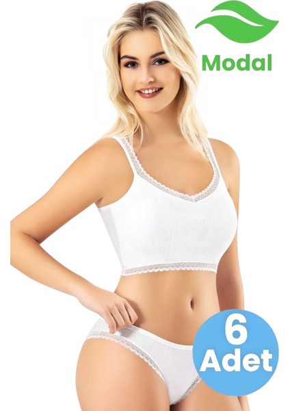Kadın 6'lı Dantel Askı Detaylı Modal Kumaş Kaşkorse Pedli Büstiyer Crop Kilotlu Takım indirimleri
