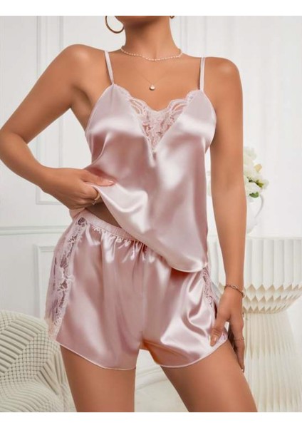 Saten Kumaş Dantelli Şortlu Pijama Takım