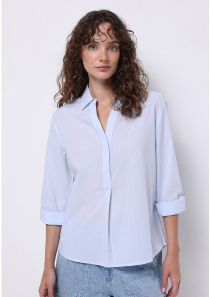 Regular Fit Shirt Neck Çizgili Kadın Mavi Roll-Up Gömlek