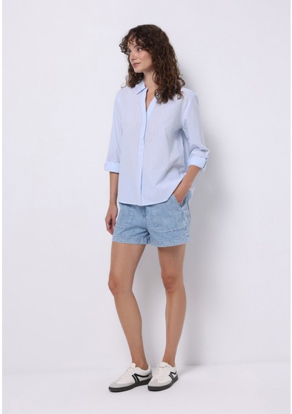 Regular Fit Shirt Neck Çizgili Kadın Mavi Roll-Up Gömlek modelleri