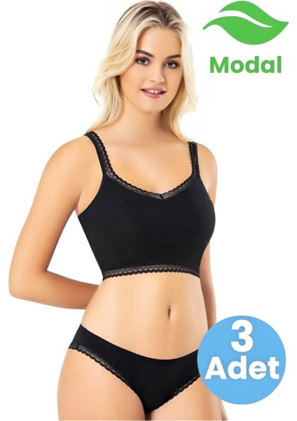 Kadın 3'lü Dantel Askı Detaylı Modal Kumaş Kaşkorse Pedli Büstiyer Crop Kilotlu Takım modelleri