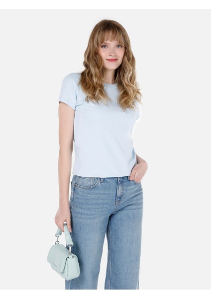 Slim Fit Yuvarlak Yaka Düz Kadın Mavi Kısa Kol Tişört