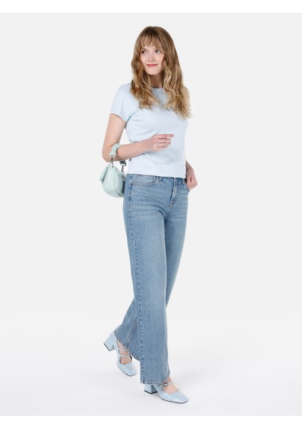 Slim Fit Yuvarlak Yaka Düz Kadın Mavi Kısa Kol Tişört modelleri