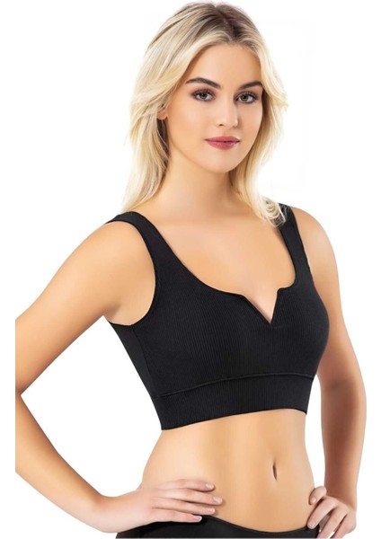Kadın 6'lı Kalın Askılı Kaşkorse V Kesim Detaylı Pedli Büstiyer Crop modelleri
