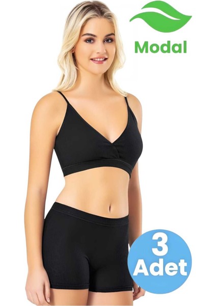 Kadın 3'lü Ince Askılı Kumaş Pedli Büstiyer Crop Şort Modal Kaşkorse Takım indirimleri