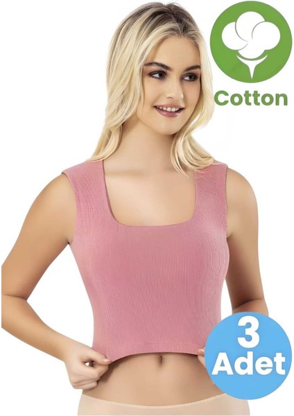 Kadın 3'lü Geniş Askılı Kare Yaka Kaşkorse Pedli Büstiyer Crop