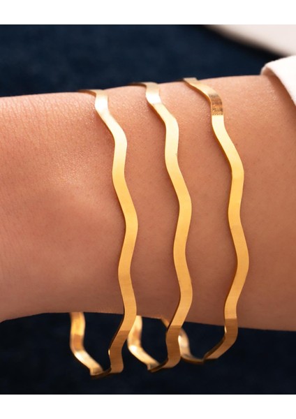 3lü Takım Kibrit Çöpü Dalga Model 24 Gr(Gram) 22 Ayar Altın Işçiliksiz Bilezik