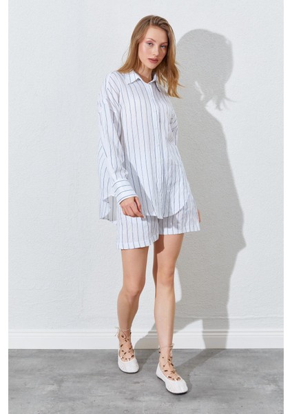 Kadın Indigo Oversize Gömlekli Şortlu Takım