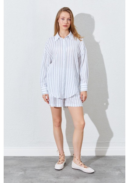 Kadın Indigo Oversize Gömlekli Şortlu Takım