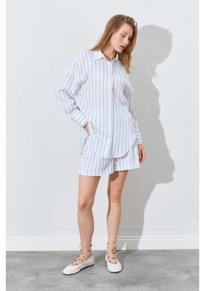 Kadın Indigo Oversize Gömlekli Şortlu Takım