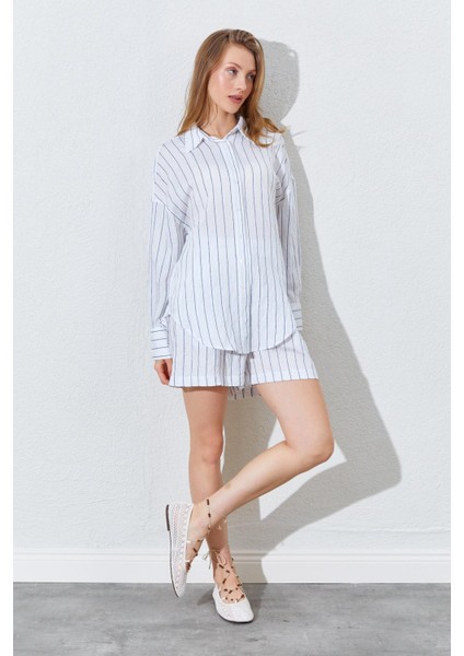 Kadın Indigo Oversize Gömlekli Şortlu Takım