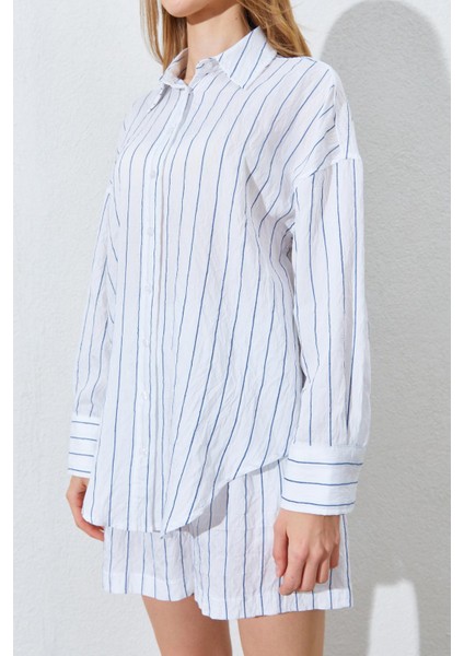 Kadın Indigo Oversize Gömlekli Şortlu Takım