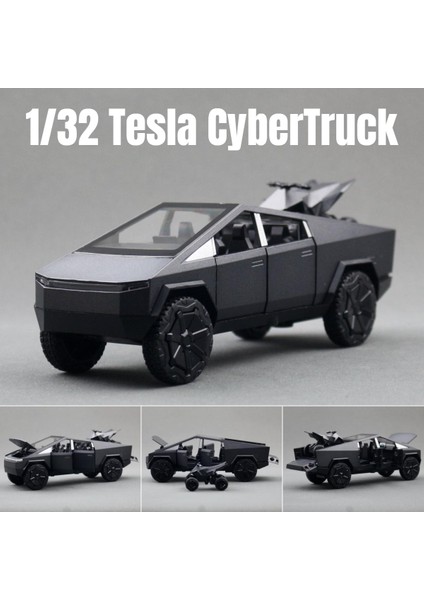 1/32 Tesla Cybertruck Pikap Oyuncak Araba Minyatür Döküm Metal Off Road Araç Modeli Geri Çekin Ses Işığı Koleksiyonu Hediye Çocuk (Yurt Dışından)