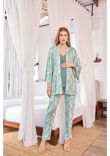 Kadın Etnik Desenli ve Dantelli Hamile Lohusa 3'lü Pijama Takımı 25110