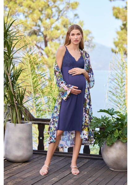 Kadın Desenli ve Dantelli Hamile Lohusa Sabahlık Takımı 25053