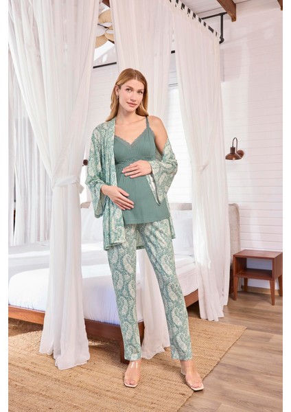 Kadın Etnik Desenli ve Dantelli Hamile Lohusa 3'lü Pijama Takımı 25110
