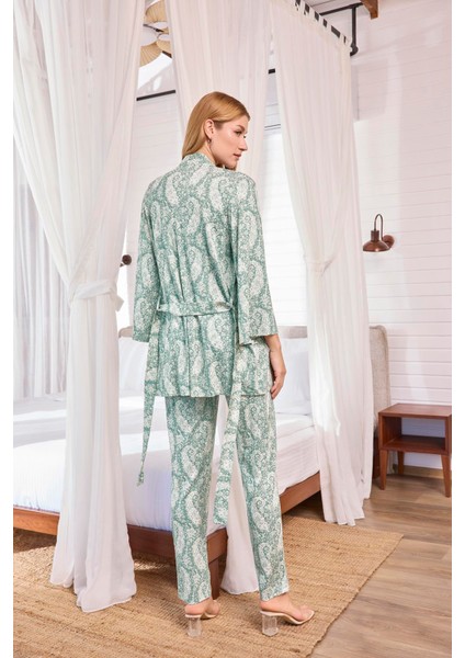 Kadın Etnik Desenli ve Dantelli Hamile Lohusa 3'lü Pijama Takımı 25110 indirimleri