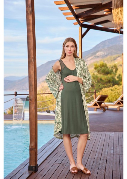 Kadın Etnik Desenli ve Dantelli Hamile Lohusa Sabahlık Takımı 25117 fiyatları