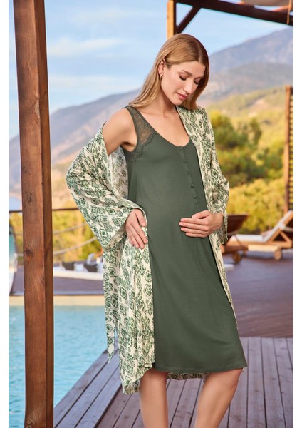 Kadın Etnik Desenli ve Dantelli Hamile Lohusa Sabahlık Takımı 25117 indirimleri